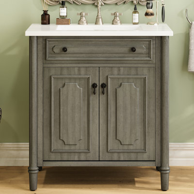 Meuble-lavabo rétro de 31 po de taille, comprenant un lavabo en céramique lisse, des charnières à fermeture douce et des pieds cylindriques avec tablettes réglables, cadre de pieds