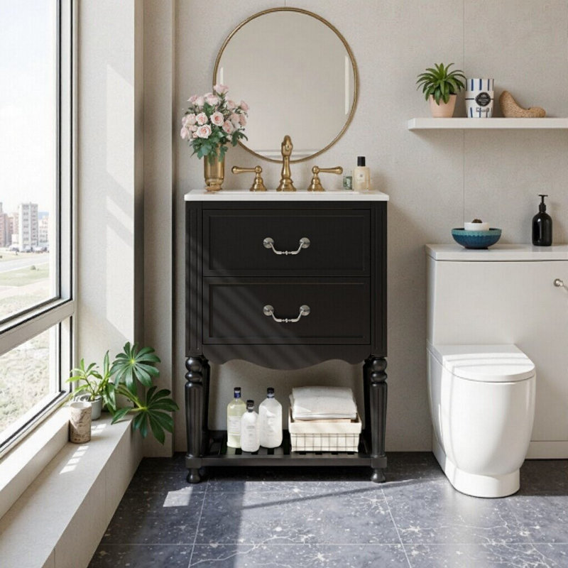 Meuble-lavabo simple 24 po avec lavabo en céramique, tablette ouverte, 2 tiroirs 24 po, Black