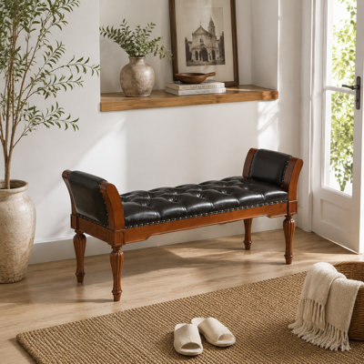 54" Button Tufted PU Leather Ottoman Bench with Curved Arms and Nailhead Trim, Retro Upholstered End-of-Bed Wood Shoe Bench for Bedroom, Living Room & Entryway