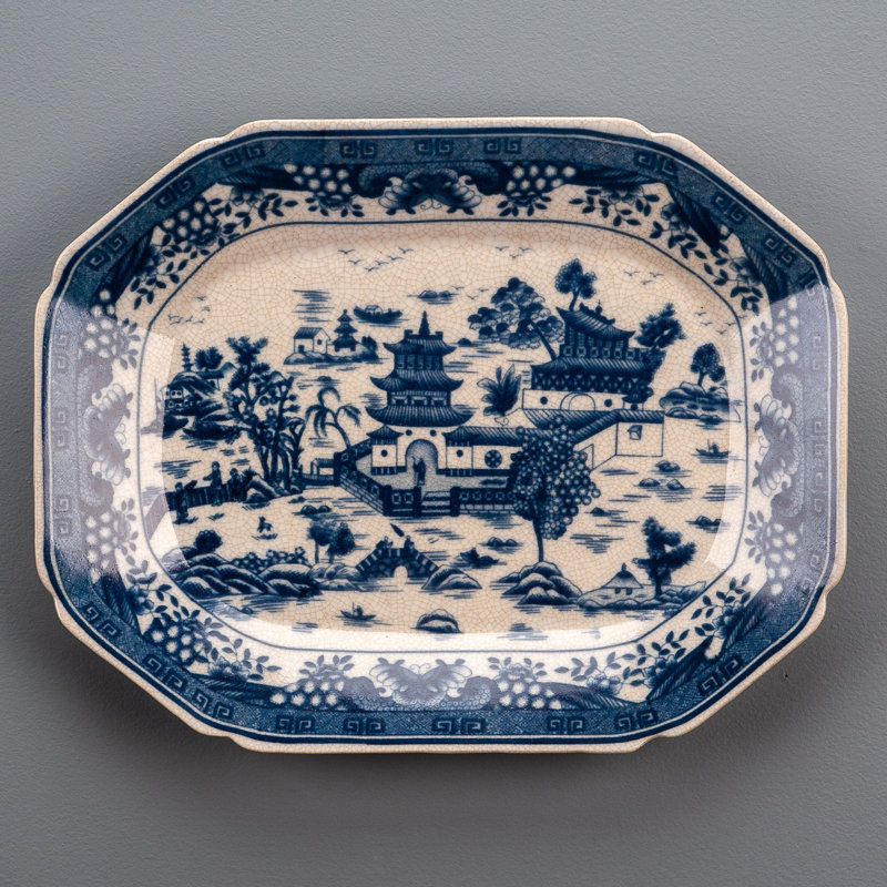 Porcelain Platter Blue and White Willow 14.5inL, 2" H x 14.5" W x 11" D