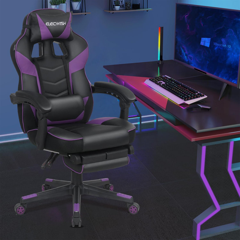 Adults Ergonomic Racing Style High Back Computer Chair with Footrest Headrest and Lumbar Support, Black/Purple