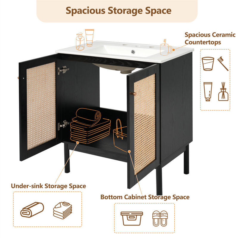 Meuble-lavabo simple 30 po avec lavabo en céramique, Noir