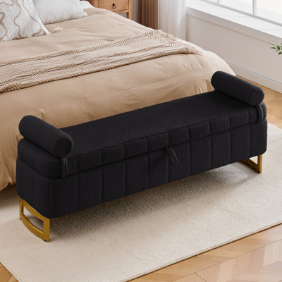 Banc de rangement 63 po pour chambre avec pattes dorées et coussin d'accoudoir mobile 63 po
