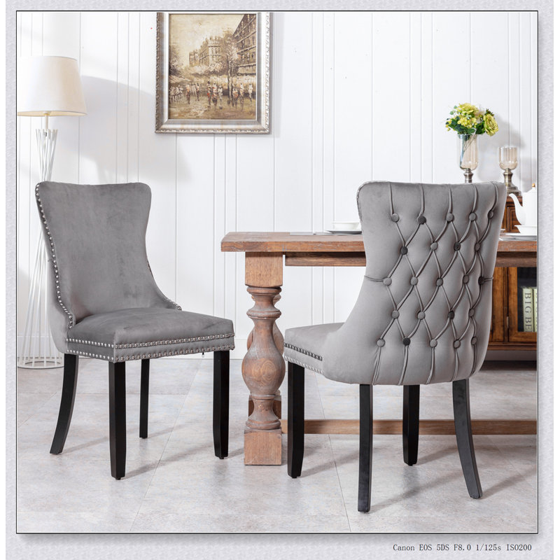 Furniture,Upholstered Wing-Back Dining Chair with Backstitching Nailhead Trim and Solid Wood Legs, Grey