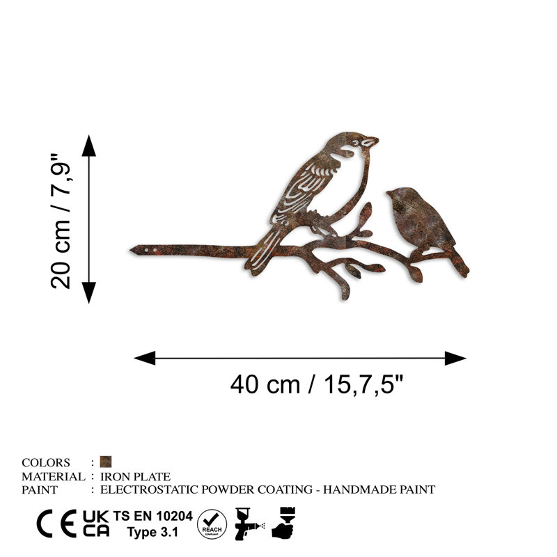 Hand-Painted Decorative Garden Object, 15.7 x 7.9 inches | Durable 100% Metal, Thickness: 0.06 inches | Unique Brown Finish, No Assembly Required, Adds Charm to Your Outdoor Space, Perfect for Garden or Patio Decor