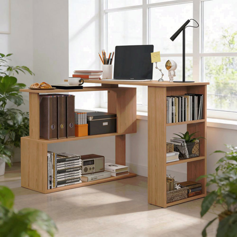 L Shaped Corner Computer Desk,360° Rotating Home Office Desk, Teak