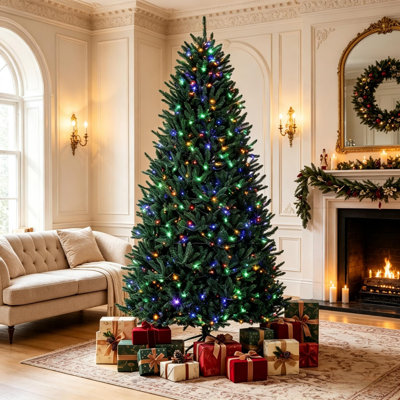 9 FT Prelit Colorado Spruce Christmas Tree, Easy Plug Technology, Hinged Artificial Xmas Tree with LED Lights for Home Holiday Decor