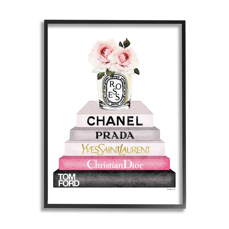 «Book Stack Fashion Candle Rose» par Amanda Greenwood - impression, H 30 po x l 24 po, Cadre noir