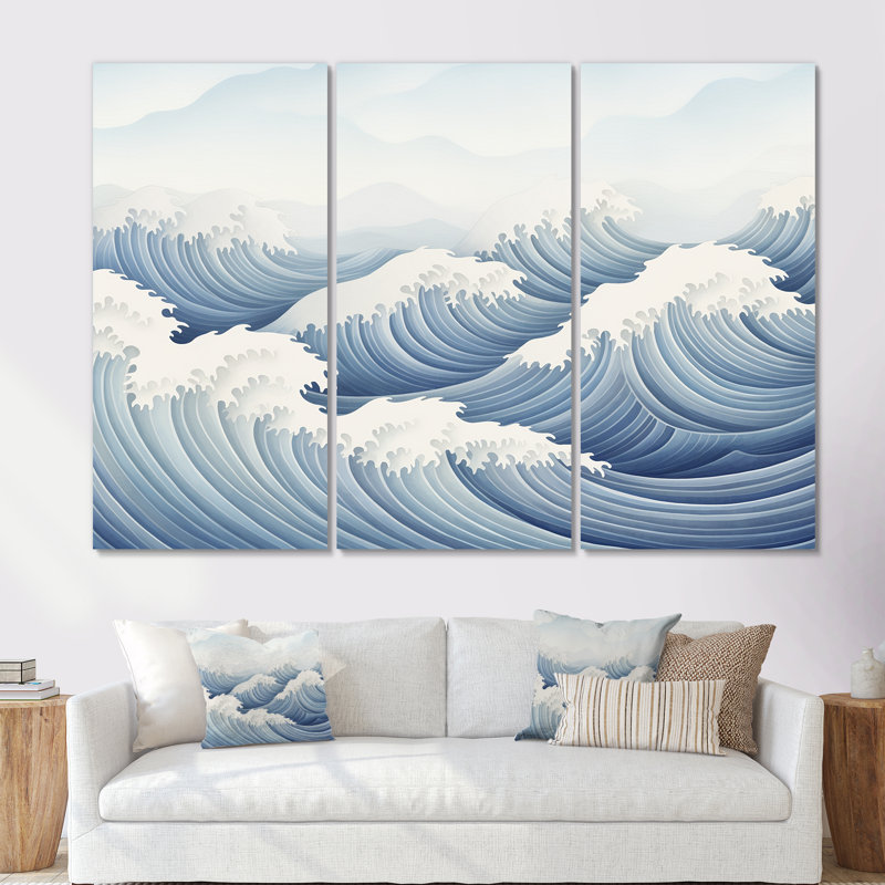 Harmonious Blue Waves Tides - Art mural géométrique, H 28 po x l 36 po x P 1 po, Toile tendue