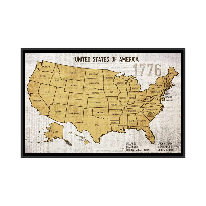 Carte des États-Unis, impression sur toile tendue, H 32 po x l 48 po x P 1,5 po, Toile avec cadre noir, Pas de tapis