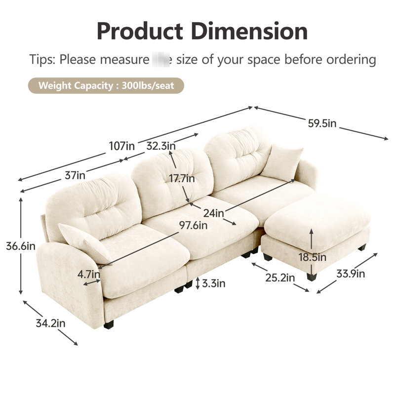 Beige, canapé modulaire en forme de L, 3 sièges, design ergonomique, coussin, siège modulaire pour siège de lecture avec tissu chenille et performance en beige