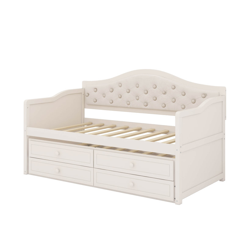 Lit de jour simple avec lit gigogne, lit de jour simple avec 2 tiroirs de rangement, Beige