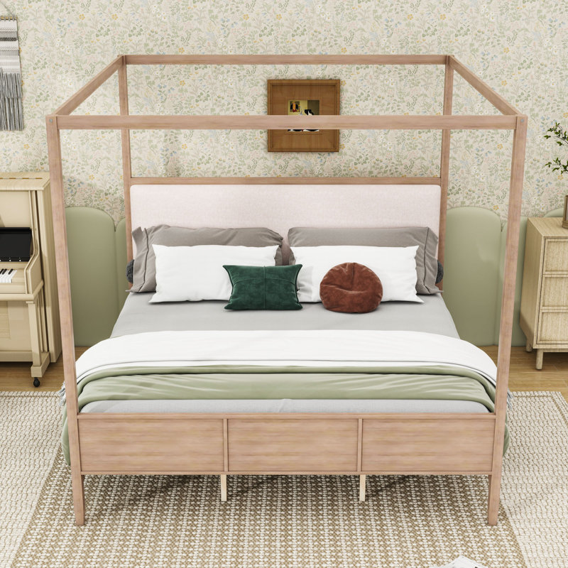 Lit plateforme à baldaquin en bois avec tête de lit tapissier en lin et pieds de soutien, Très grand lit, Natural Walnut