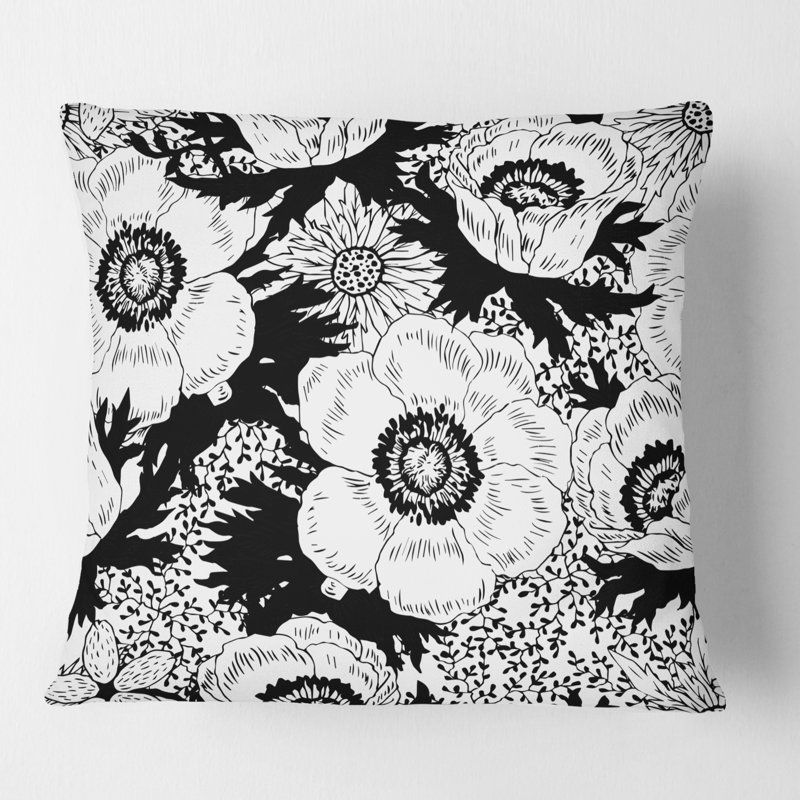Coussin décoratif rétro à motif de fleurs monochromes - Mid-Century, 18 po x 18 po, Noir