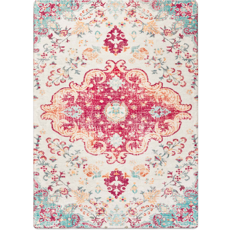 Juanelle Performance Washable Indoor Rug, Retangle 3' x 5', Crimson & Cream