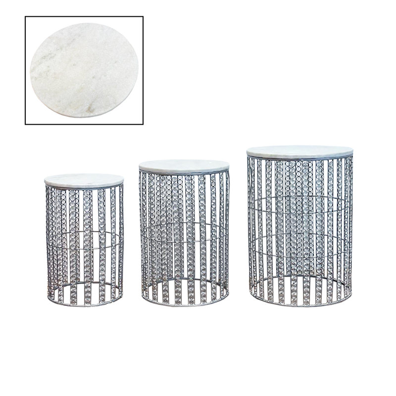 Dorinna Marble Top End Table Set, Silver