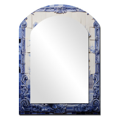 Miroir mural bleu et blanc Boho Flower Pottery II - Blue Bohemian Arch
