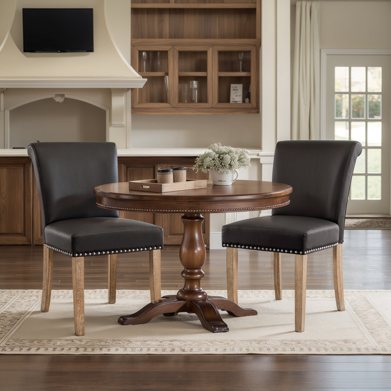 Momordique Nailed Trim Faux Leather Waterproof Upholstered Parsons Dining Chairs, Gray/Brown, 2