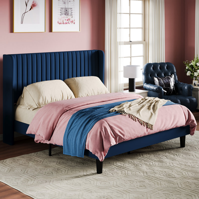 Lit plateforme tapissier Airlia, Grand, Bleu marine