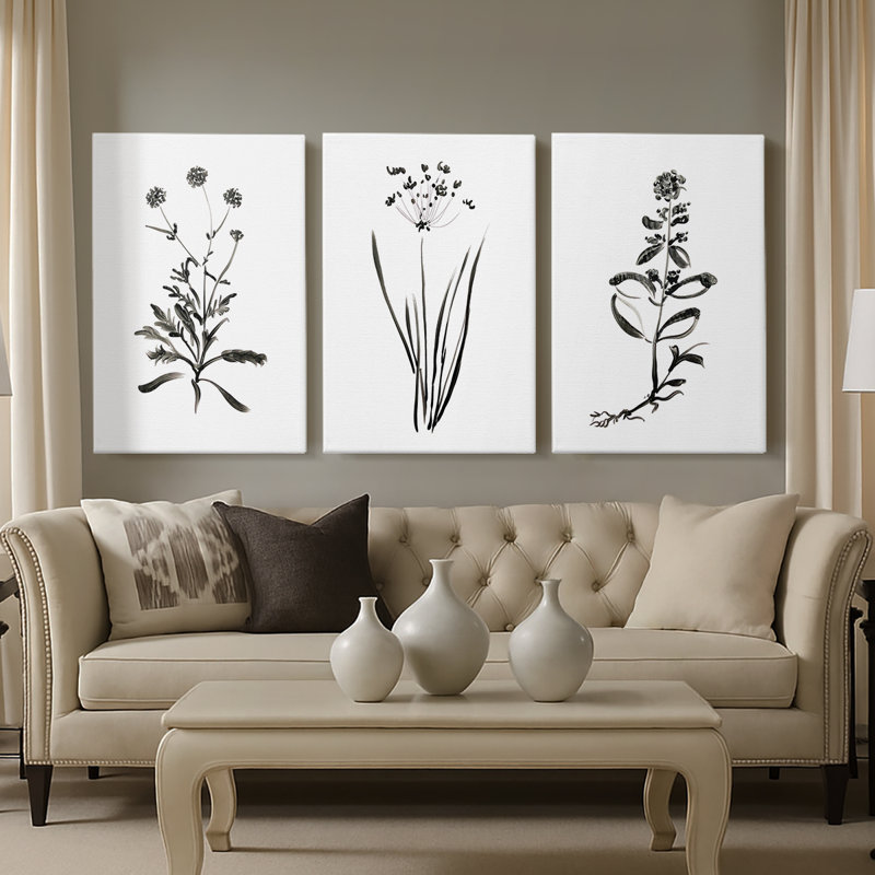 Inky Botanical I - Toile tendue avec châssis sur mesure - 3 pièces, H 27 po x l 54 po