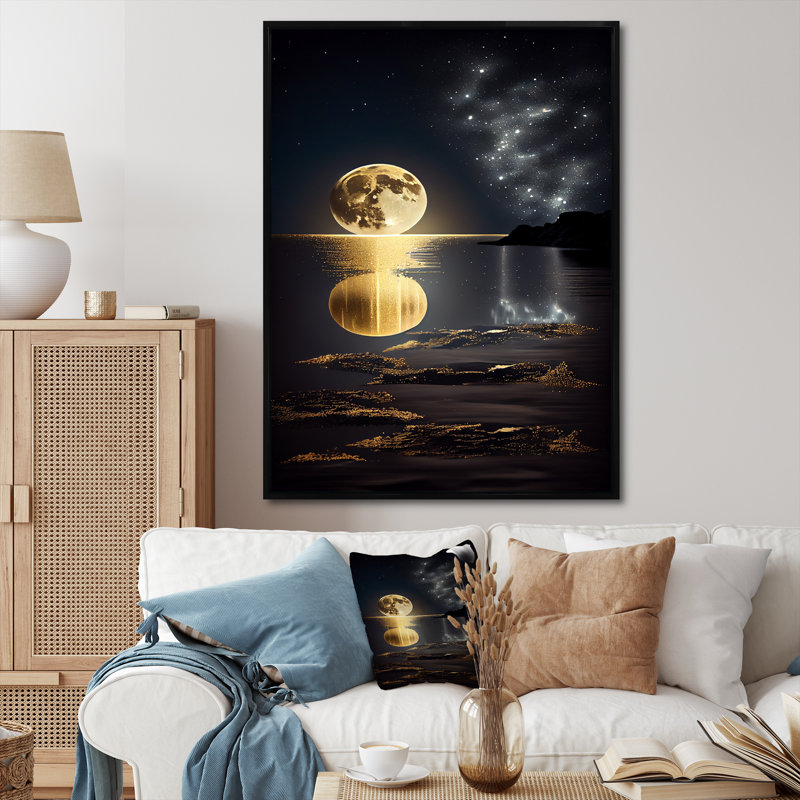 «Golden Full Moon Beach Dream By Night Shore», reproduction sur toile, H 20 po x l 12 po, Cadre flottant noir