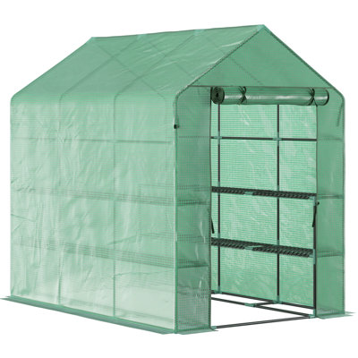 Greenhouse 7'X5'x6.5', Pe Cover, 3 Shelves, Steel Frame For Saplings, Flowers, Vegetables - Sun Damage And Wind, Rain Disruptions 7' X 5' 6.5' Walk-In