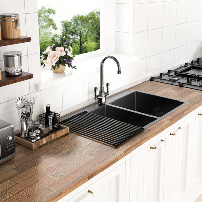 Gunmetal Black Double Bowl Sink - 33X22 Inch, 18 Gauge Stainless Steel, Basin Steel 33"X22" Black, Bowl, Deep Draining