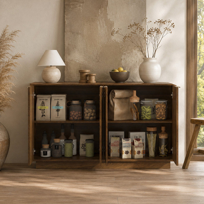 Armoire 55 po en bois cannelé moderne avec tablettes réglables et buffets bruns pour le salon et la salle à manger