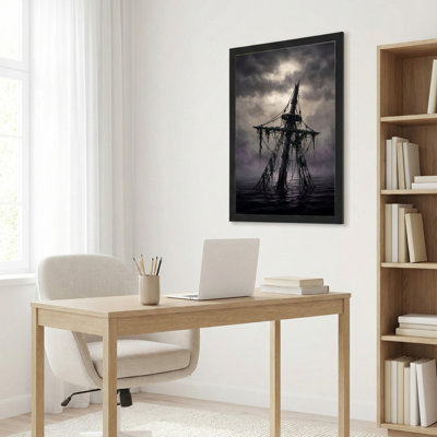Art mural sur toile noir encadré pour le salon, la chambre à coucher, le bureau ou le vestibule - décoration murale décorative avec bateau foncé
