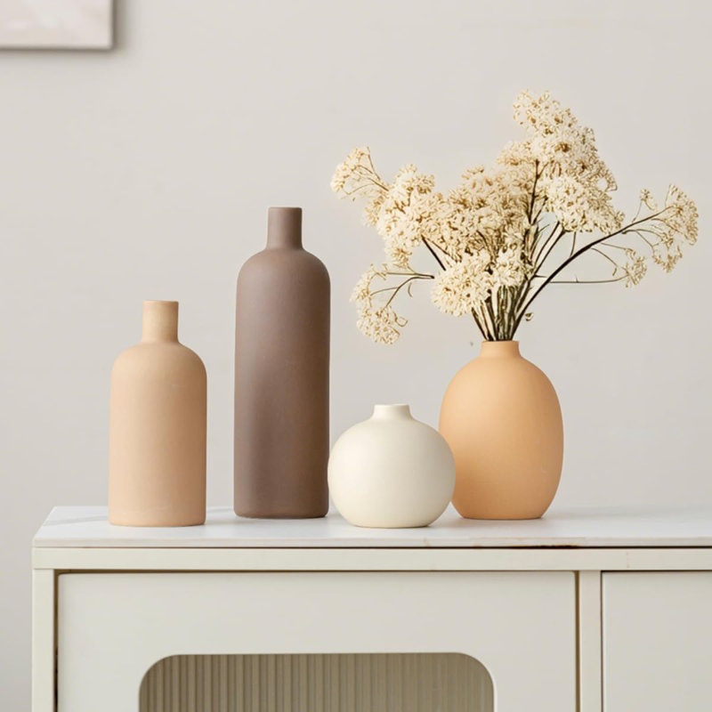 Vase en céramique moderne 4 pièces, Brun / pêche / blanc