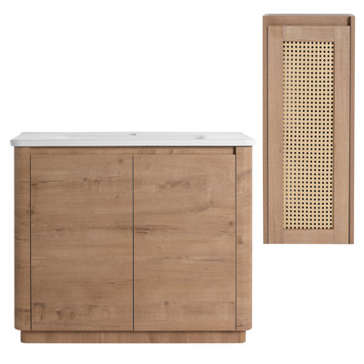 Meuble-lavabo autoportant de 40 po avec lavabo en céramique, 2 portes à fermeture douce et armoire latérale, emballage KD, contreplaqué
