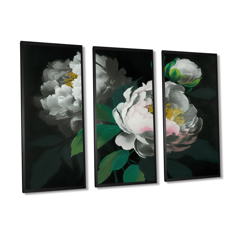 Blooming White Peony III " Blooming White Peony III " 3 - Pieces, Black, 28" H x 36" W x 1" D