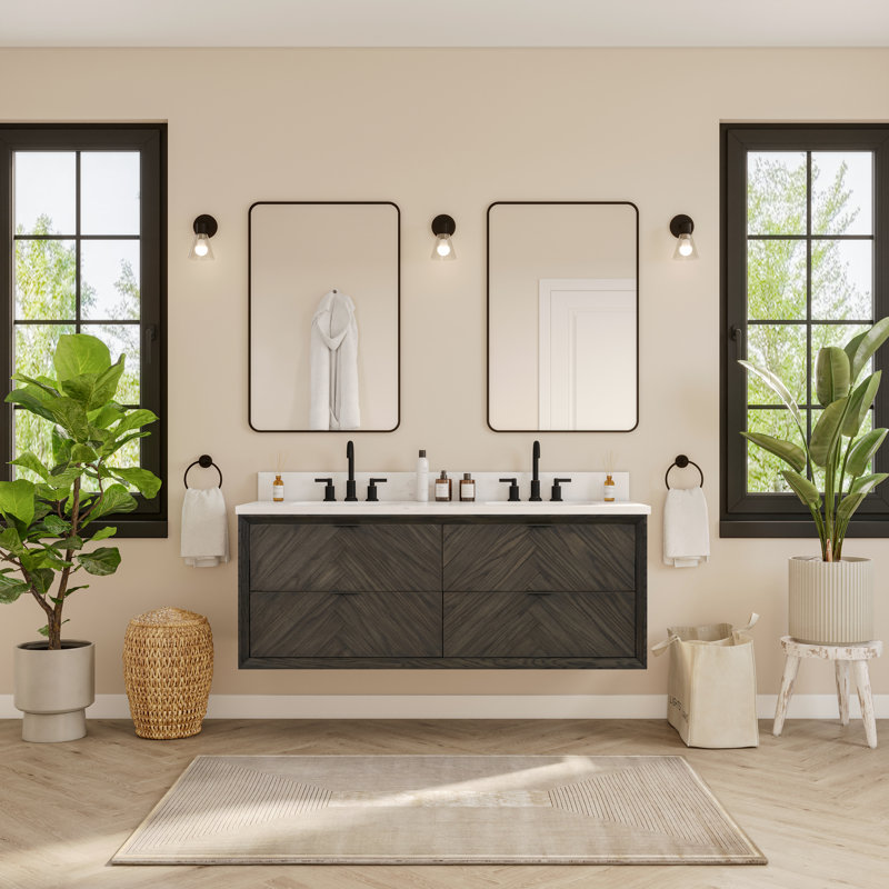 60" Floating Double Sink Solid Wood Dark Brown Oak Bathroom Vanity with Engineered Marble Top, Dark Brown Oak