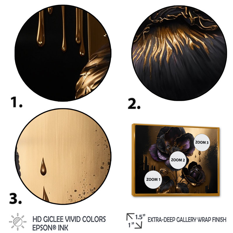 «Black and Gold Violets II» - art mural violet pour le salon, Cadre flottant doré, H 24 po x l 32 po x P 1 po