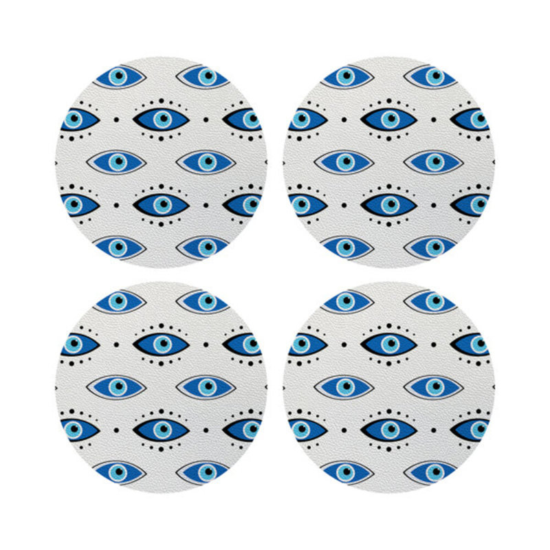 Eyes Blue White Vegan Leather Round Coasters