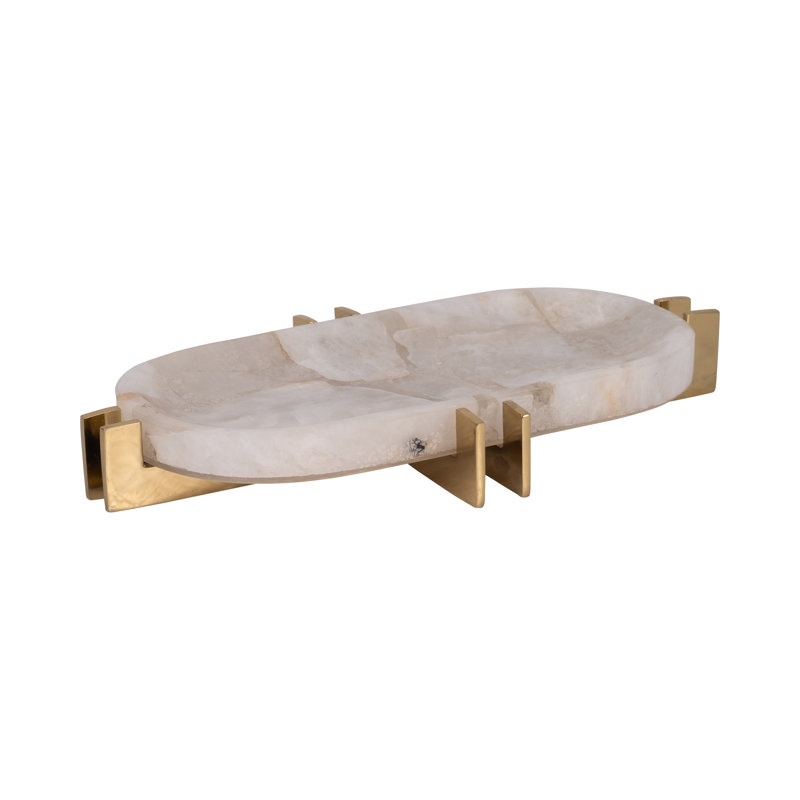 Plateau décoratif élégant en quartz avec base en métal - Idéal pour une table basse, un pouf, un présentoir à bijoux, un meuble de cuisine ou un espace pour vos petits objets - 35,5 cm, blanc et or