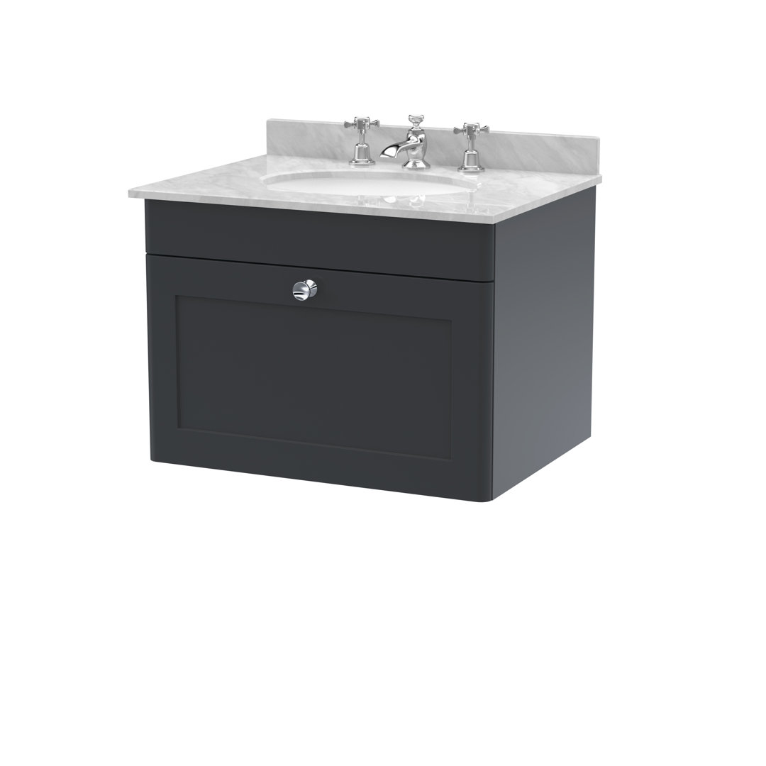 nuie Classique 600mm Wall Hung Unit - Soft Black and Grey - 3 Tap Hole Marble Basin - Image 3