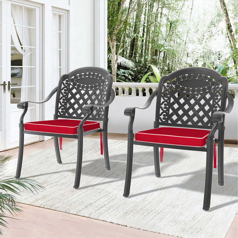 Chaise de patio en fonte d'aluminium 2 pièces avec structure noire et coussins rouges, 2, Rouge