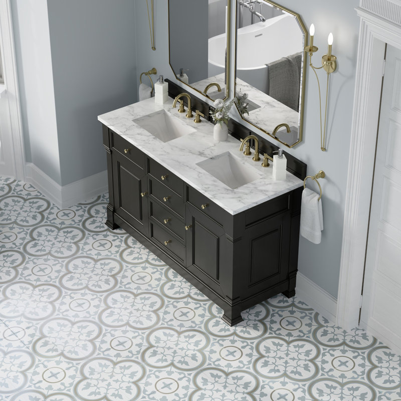 Brookfield 60'' W Double Vanity, Black Onyx, Carrara White, Widespread