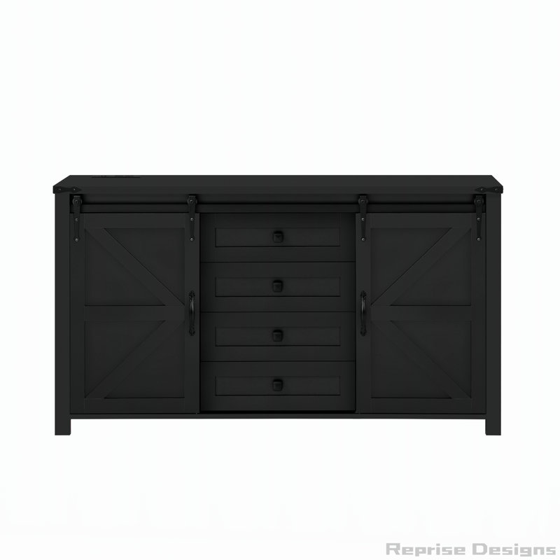 Buffet U-Style de 55,1 pouces avec rangement, armoire de rangement de style maison de campagne avec portes de grange coulissantes et 4 tiroirs, table buffet en bois avec prise de courant
