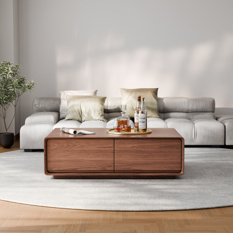 Table basse sur pied moderne entièrement fabriquée à la main de 47 po avec finition en placage de bois de noyer massif et 4 tiroirs