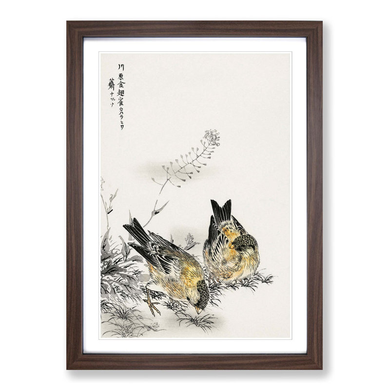 Two Japanese Greenfinch Birds by Numata Kashu - Picture Frame Painting Print, 48cm H x 36cm W x 2cm D, Walnut Framed