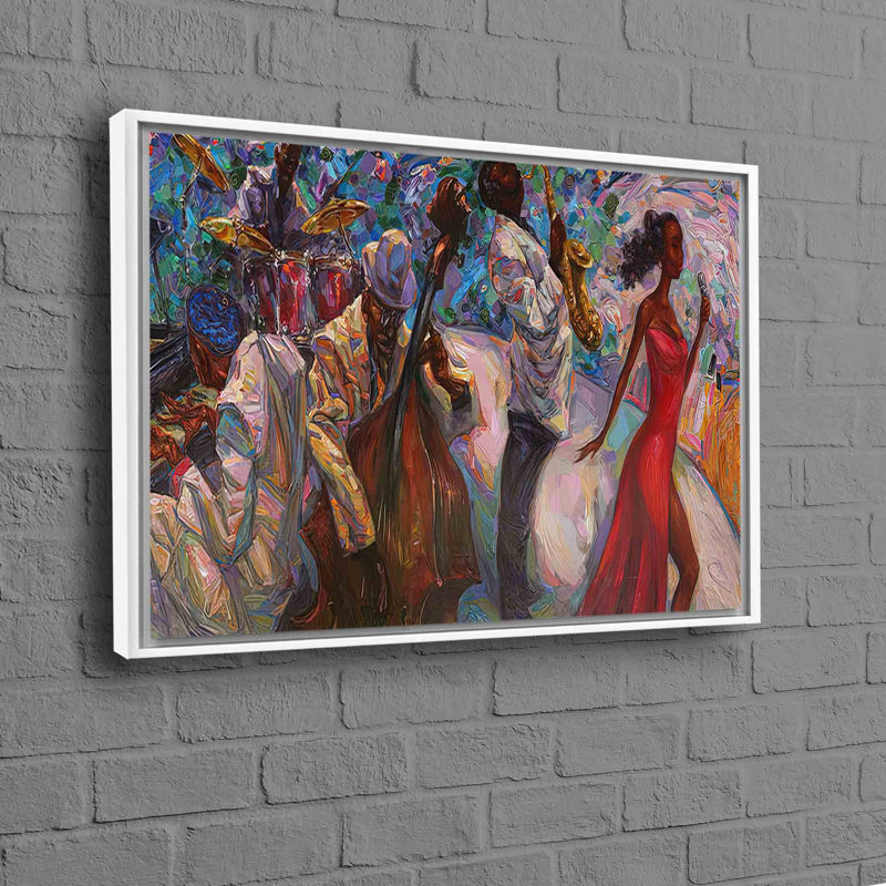 Art mural d'inspiration africaine présentant une performance de jazz avec chanteur et musiciens sur une toile de coton vibrante