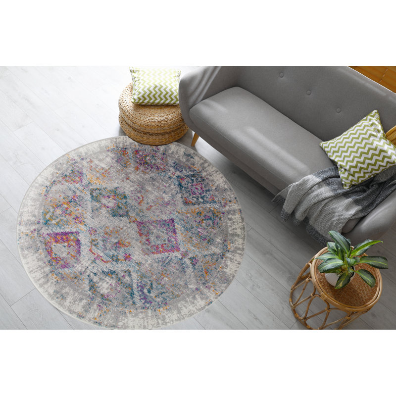 Rydal Oriental Area Rug with Vintage Faded Multicolor Grey/Red Rug, Round 5'3"