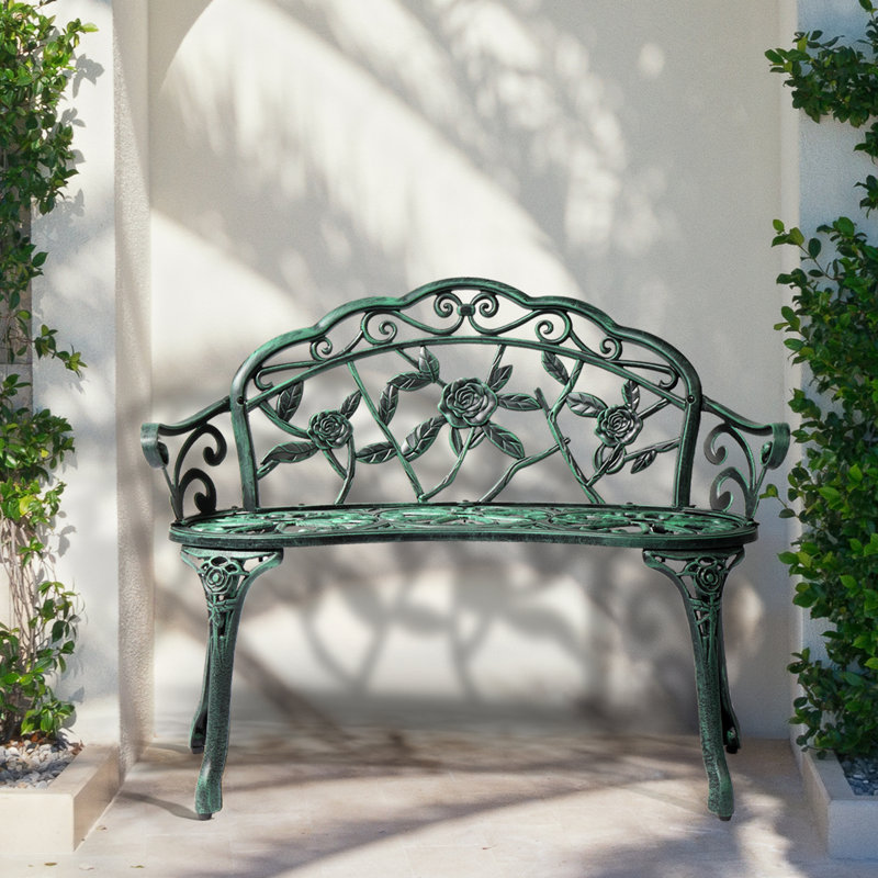 Elegant Aeruginous Cast Aluminum Patio Bench, Aeruginous