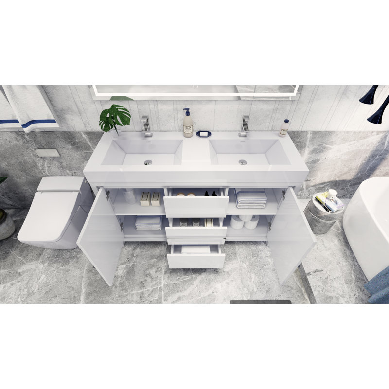 Ensemble de meuble-lavabo double 60 po Nubell, Blanc lustré, Chrome
