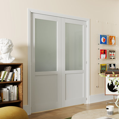 Double Interior Pantry Doors with Frosted Glass Top Panel – Prehung-Style MDF Door Slabs with Adjustable Frame & Hardware (Door & Frame Ship Separately)