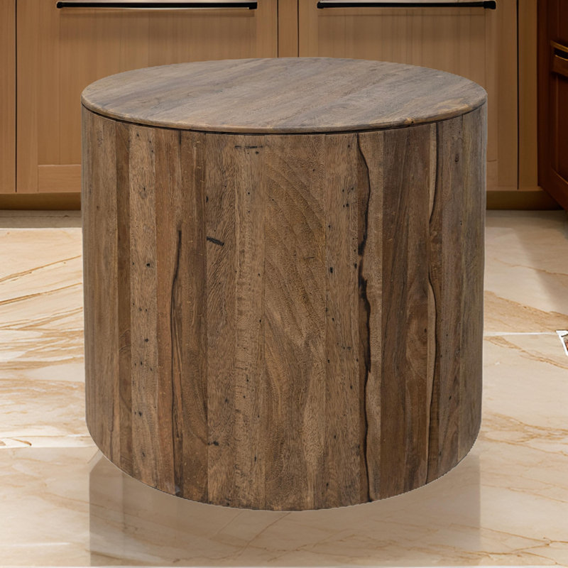 Eray Side End Table, 26 Inch Round Drum Top, Brown Solid Mango Wood