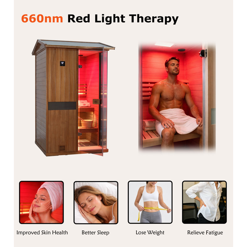 Samsora Outdoor Traditional Steam Sauna For 1-Person 2500W, Mid-Infrared Lamp, 95℉-230℉, Mahogany Wood, Built-In Bluetooth Speaker, Includes Sauna Heater and Sauna Stone, Negative Ion Board