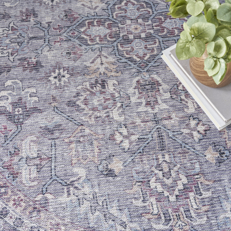 Machine Washable Oriental Gray Area Rug, Round 5'3"